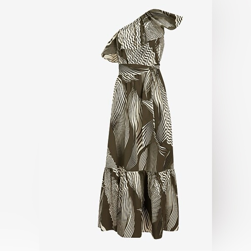 Express Printed One Shoulder Ruffle Tie Waist Poplin Maxi Dress - Picture 6 of 9